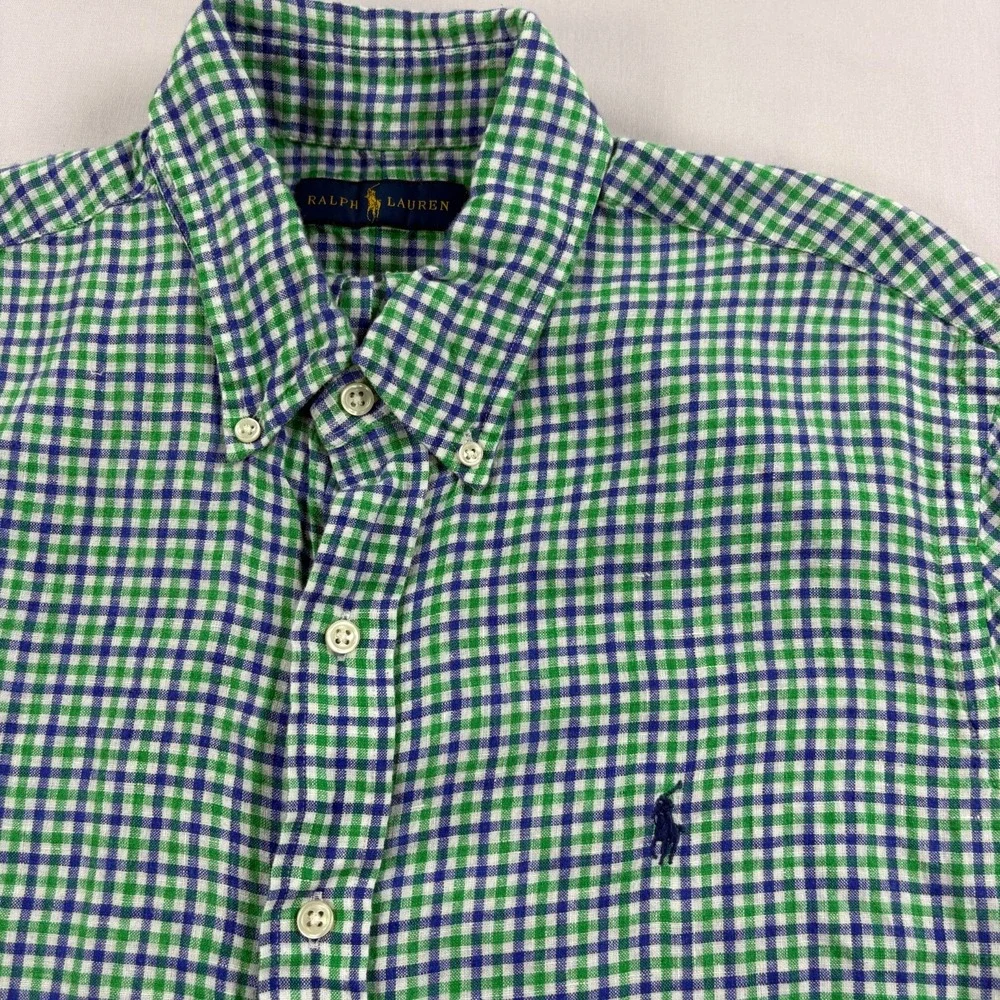 Polo Ralph Lauren Linen Shirt Mens Large Blue Green Plaid Button Up Camp Beach
